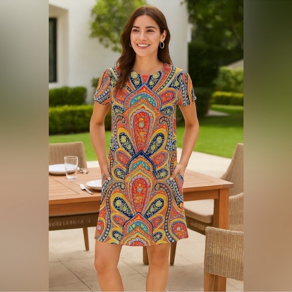 J. McLaughlin Catalina Cloth Printed Paisley Shift Dress Size XL